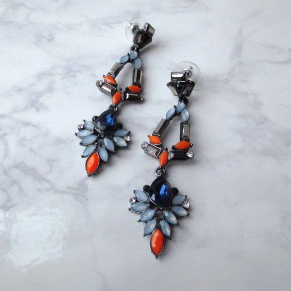 Ultra Modern Large Blue, Black and Orange Statement Chandelier Earrings - Picture 1 of 4